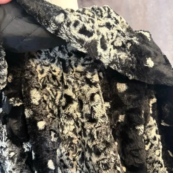 La Seine Black & White Faux Fur Leopard Coat Women’s Large Cropped Winter Jacket - Picture 14 of 14